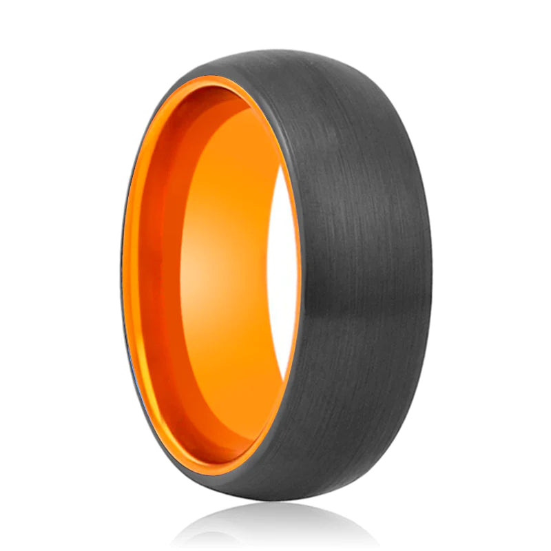 wedding ring sets for brides-Men's Domed Black Tungsten Ring With Orange Inside & Brushed Finish 4mm & 10mm