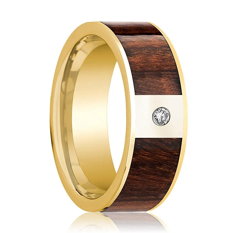 wedding bands for women-Carpathian Wood Inlaid Men's 14k Gold Wedding Band with White Diamond in Center - 8MM