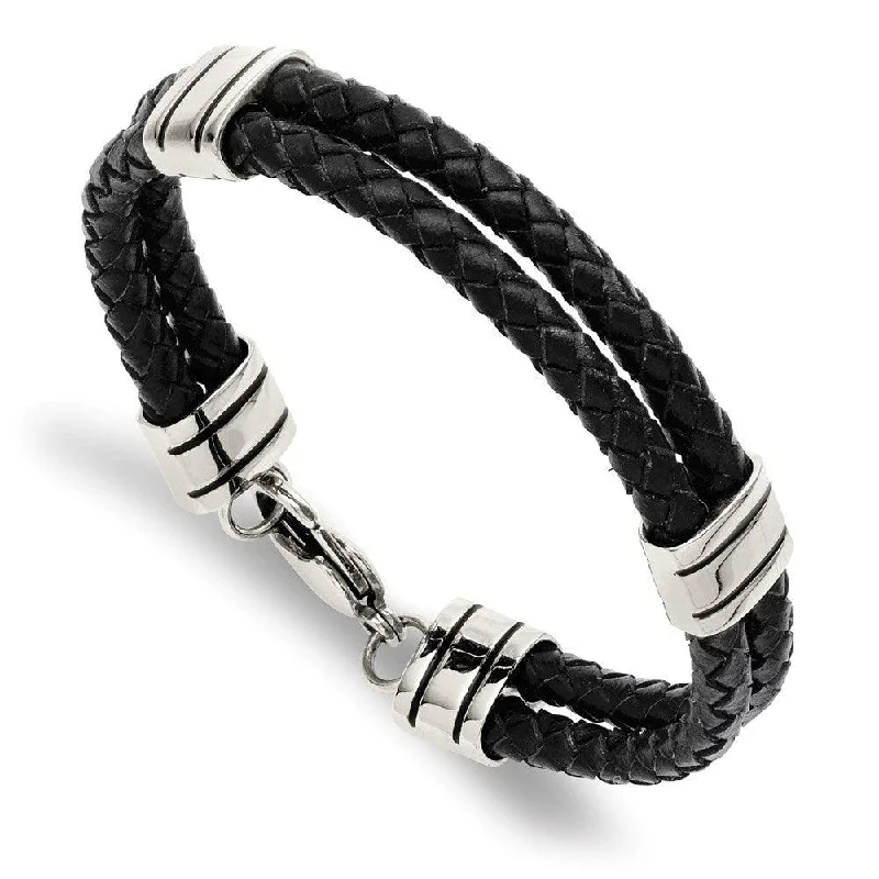 bangle bracelets for women-Stainless Steel Black Leather 9in Bracelet