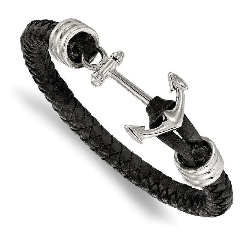 modern bangles for women-Stainless Steel Polished Black Braided Leather Anchor 8.5in Bracelet