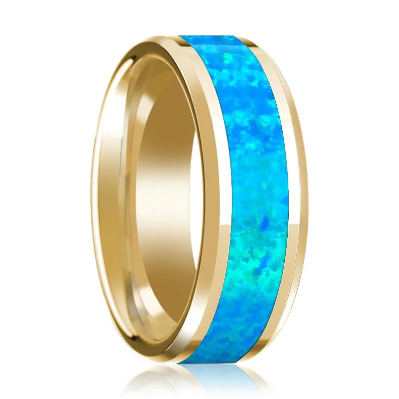 beautiful rings for women-Men's 14k Yellow Gold Polished Wedding Band with Blue Opal Inlay & Beveled Edges - 8MM