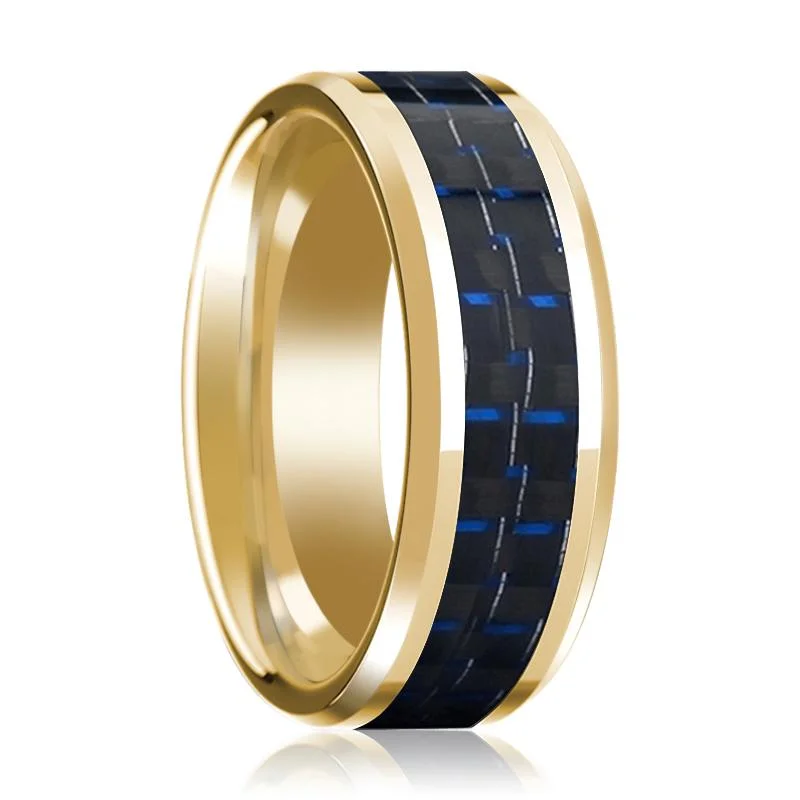 best engagement rings for women-Men's Polished 14k Yellow Gold Wedding Band with Blue & Black Carbon Fiber Inlay & Bevels - 8MM