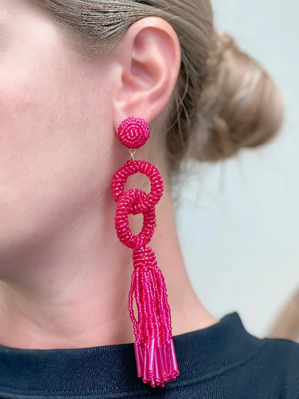 diamond stud earrings for women-Seed Bead Linked Tassel Earrings - Hot Pink