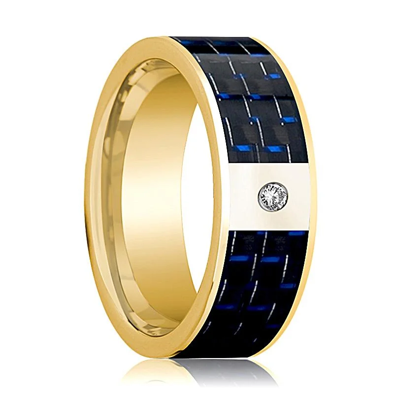 sapphire rings for women-Men's 14k Yellow Gold & Diamond Wedding Band with Blue and Black Carbon Fiber Inlay Flat Polished Design - 8MM