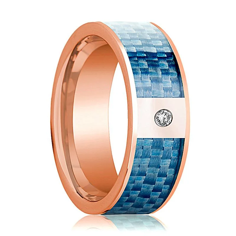 heart-shaped rings for women-Men's 14k Rose Gold and Diamond Wedding Band with Blue Carbon Fiber Inlay Polished Design - 8MM