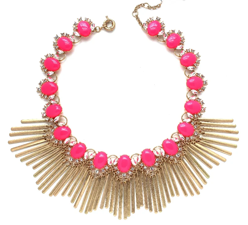 birthday gift necklaces for women-Boho Fringe Envy Statement Necklace- Hot Pink