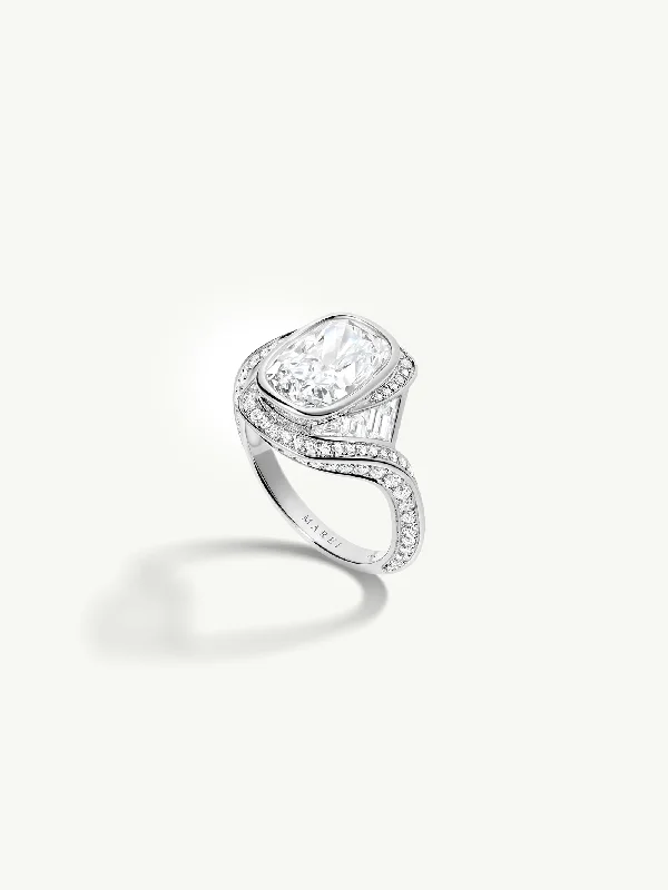 wedding set rings for women-Maat Engagement Ring With Brilliant Cushion-Cut Diamond, Baguettes & Pavé-Set White Diamonds in 18K White Gold