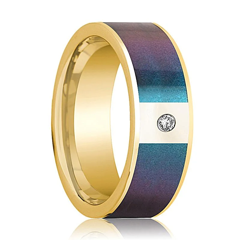 special rings for women-Men's 14k Yellow Gold and Diamond Wedding Band with Blue/Purple Color Changing Inlay - 8MM