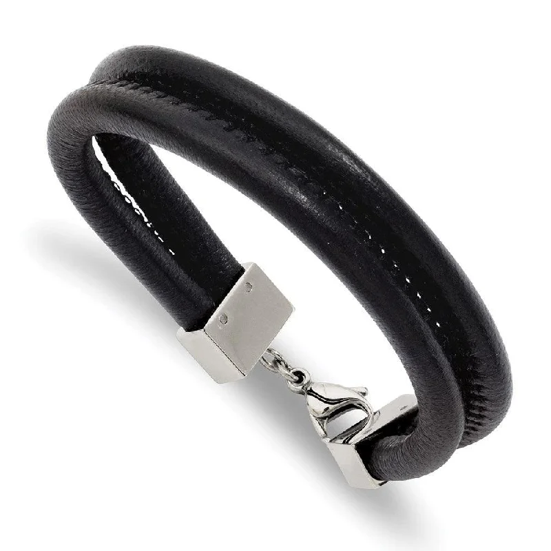 unique bangles for women-Stainless Steel Black Leather Double Row 8.5in Bracelet