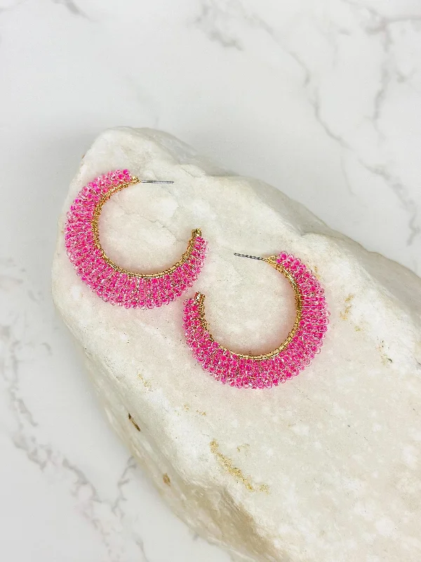 custom earrings for women-Beaded Cluster Open Hoop Earrings - Hot Pink