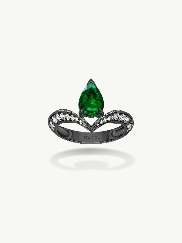 affordable wedding bands for women-Dorian Floating Teardrop-Shaped Emerald Engagement Ring In 18K Blackened Gold