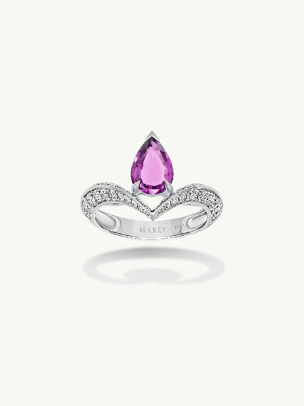 romantic rings for women-Dorian Floating Teardrop-Shaped Vivid Pink Sapphire Engagement Ring In Platinum