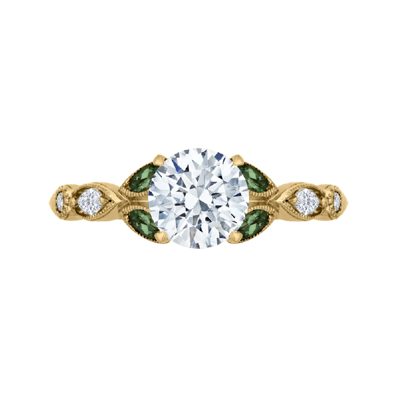 rose gold diamond engagement rings-14K Yellow Gold Round Diamond and Green Tsavorite Engagement Ring (Semi Mount)