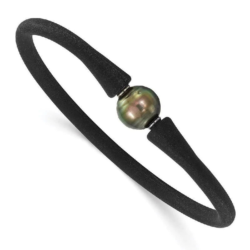 silver cuff bracelets for women-Stainless Steel Chisel and Silicone 10-11mm Tahitian Pearl Bracelet