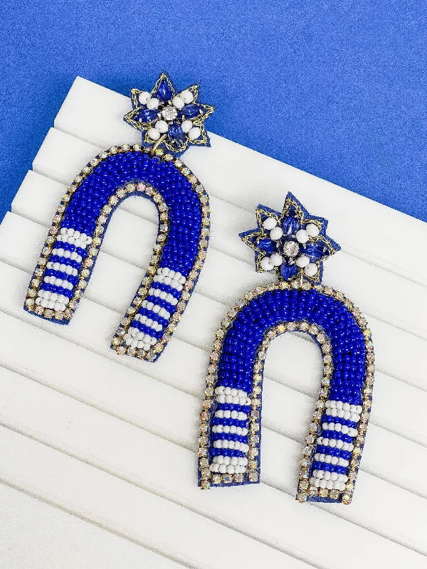 classic earrings for women-Game Day Beaded Arch Dangle Earrings - Blue & White