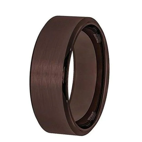 precious gemstone rings for women-Zeus Men's All Brown Tungsten Wedding Band With Brushed Center - 8 mm