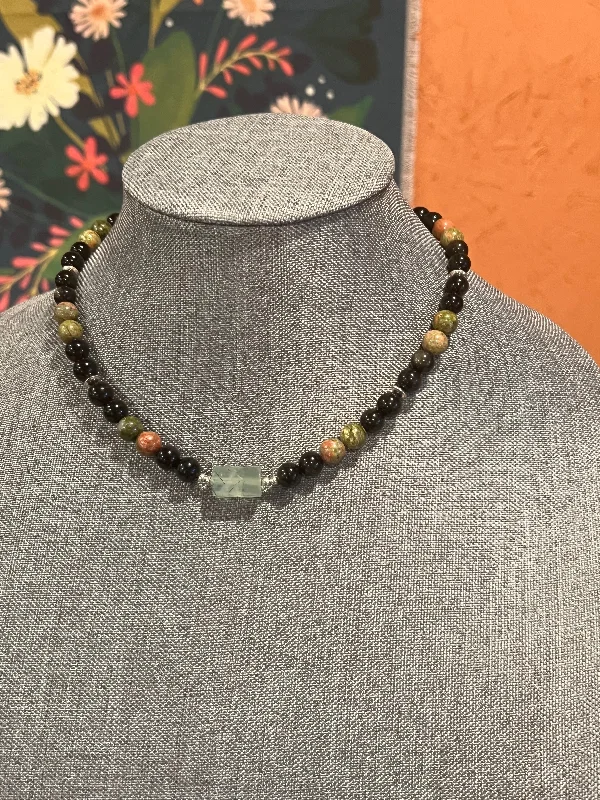 bridal necklaces for women-Beaded unakite Golden Obsidian prehnite Necklace