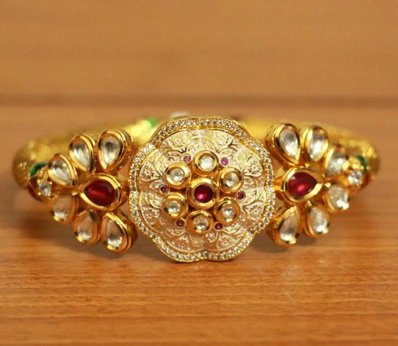 statement bracelets for women-Ruby Kundan Look Gold plated Openable Bracelet