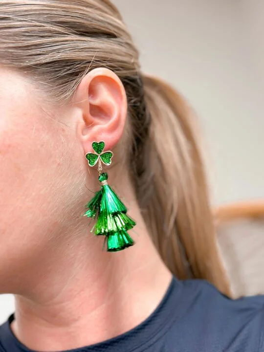 sterling silver earrings for women-Clover Tinsel Fringe Dangle Earrings