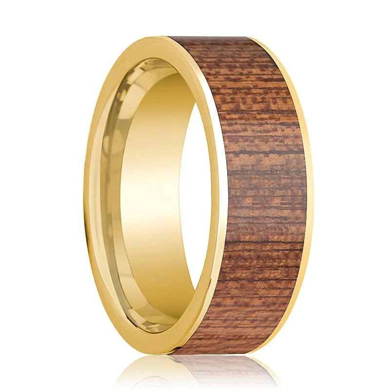 gold wedding rings for women-Cherry Wood Inlaid Flat 14k Gold Wedding Band for Men Polished Finish - 8MM