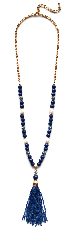 luxury diamond necklaces for women-Beaded Pearl Tassel Long Necklace- Navy