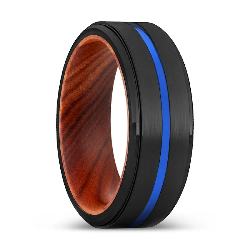 blue sapphire rings for women-DOC | IRON Wood, Black Tungsten Ring, Blue Groove, Stepped Edge