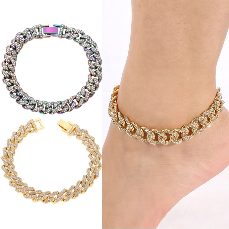 charm bangles for women-Curb Ankle Bracelet Jewelry Cuban Chain Bling Foot Anklet