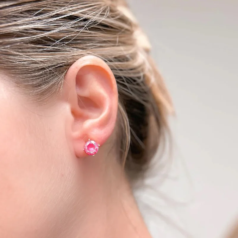 beaded earrings for women-Round Iridescent Glass Crystal Stud Earrings - Pink