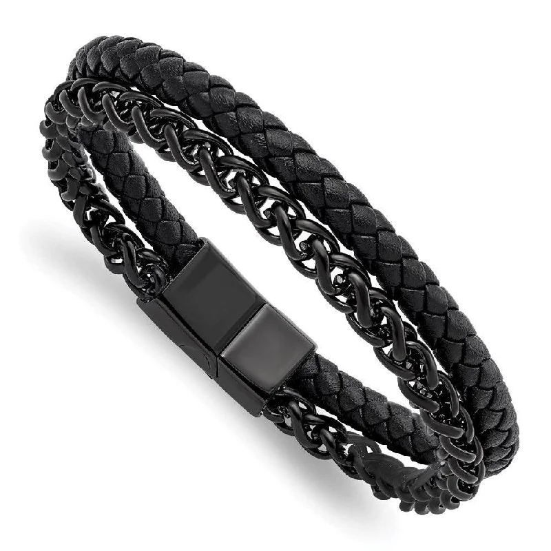 trendy charm bracelets for women-Stainless Steel Polished Black IP-plated Chain Black Leather 8.5in Bracelet