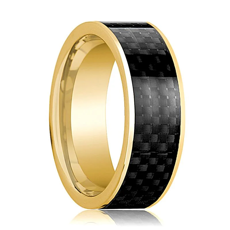 personalized rings for women-Men's 14k Yellow Gold Flat Polished Engagement Ring with Black Carbon Fiber Inlay