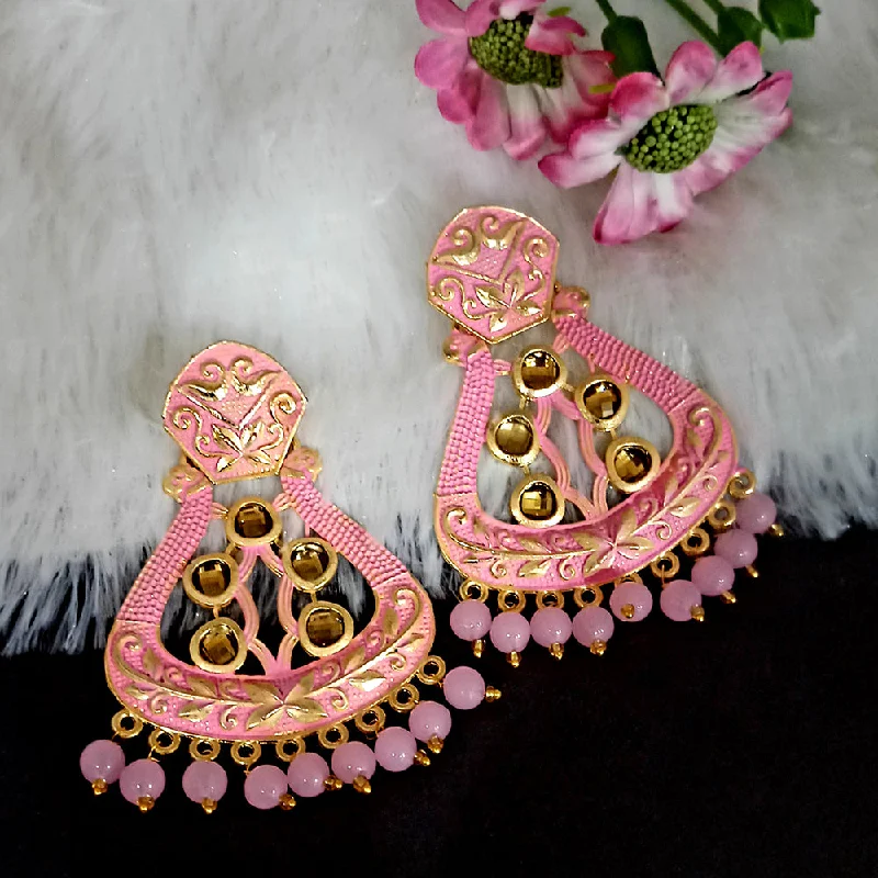 diamond earrings for women-Woma Matte Light Pink Meenakari Dangler Beads Drop Earrings