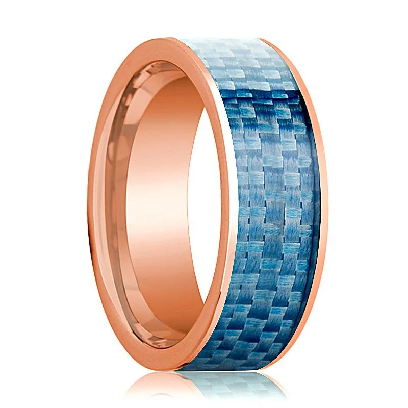 sapphire diamond rings for women-Blue Carbon Fiber Inlaid Flat Polished 14k Rose Gold Wedding Ring for Men - 8MM