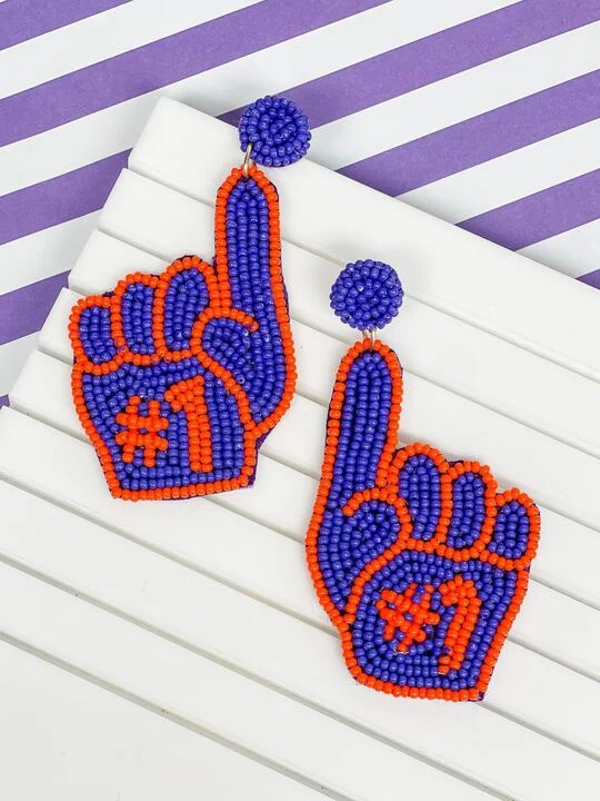 silver earrings for women-#1 Go Team Foam Finger Beaded Dangle Earrings - Purple & Orange