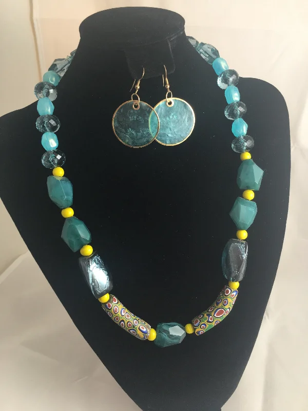 long necklaces for women-Necklace, African Trade Bead and Aqua Lucite