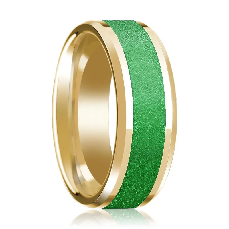 designer rings for women-Textured Green Inlaid Men's 14k Yellow Gold Polished Wedding Band with Bevels - 8MM