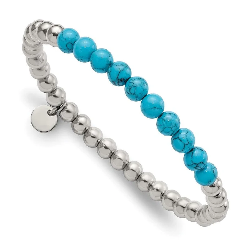 personalized silver bracelets for women-Stainless Steel Polished Synthetic Turquoise Beaded Stretch Bracelet