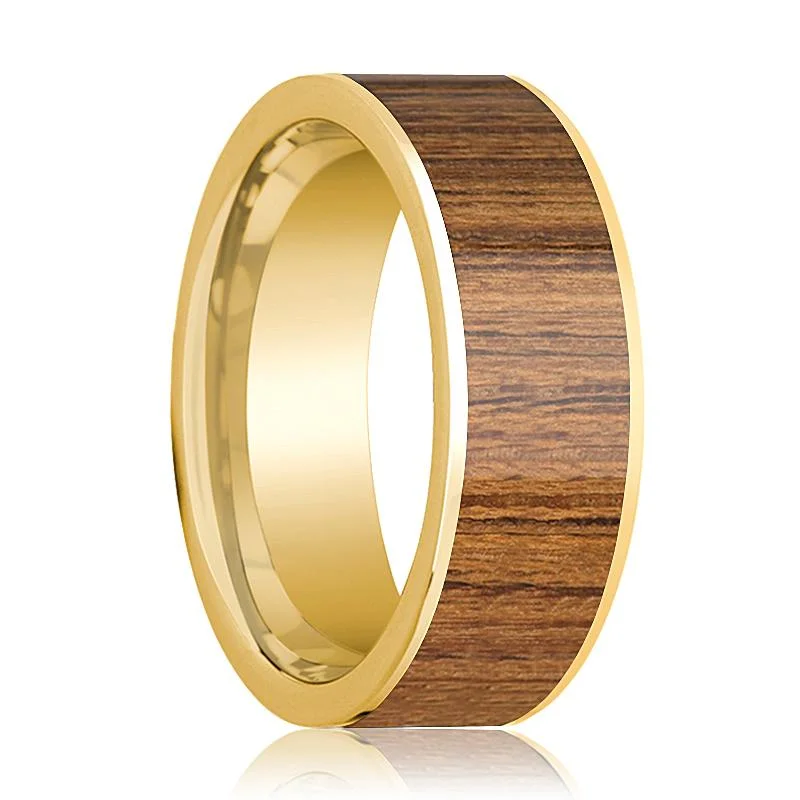 luxury rings for women-Men's Polished 14k Yellow Gold Flat Wedding Band with Teak Wood Inlay - 8MM