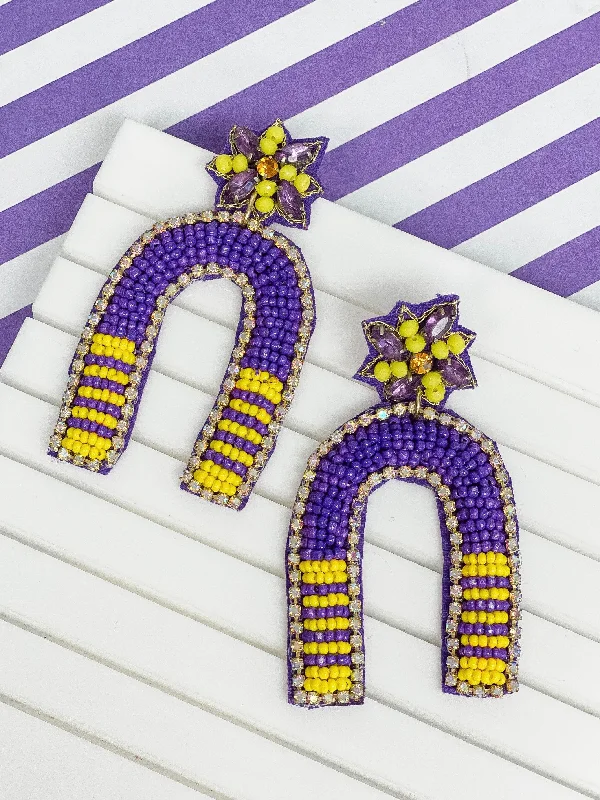 statement earrings for women-Game Day Beaded Arch Dangle Earrings - Purple & Yellow