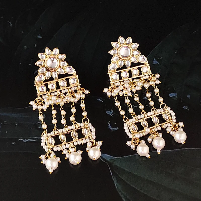 engagement earrings for women-Kriaa Gold Plated White Beads and Kundan Dangler Earrings - 1316372A