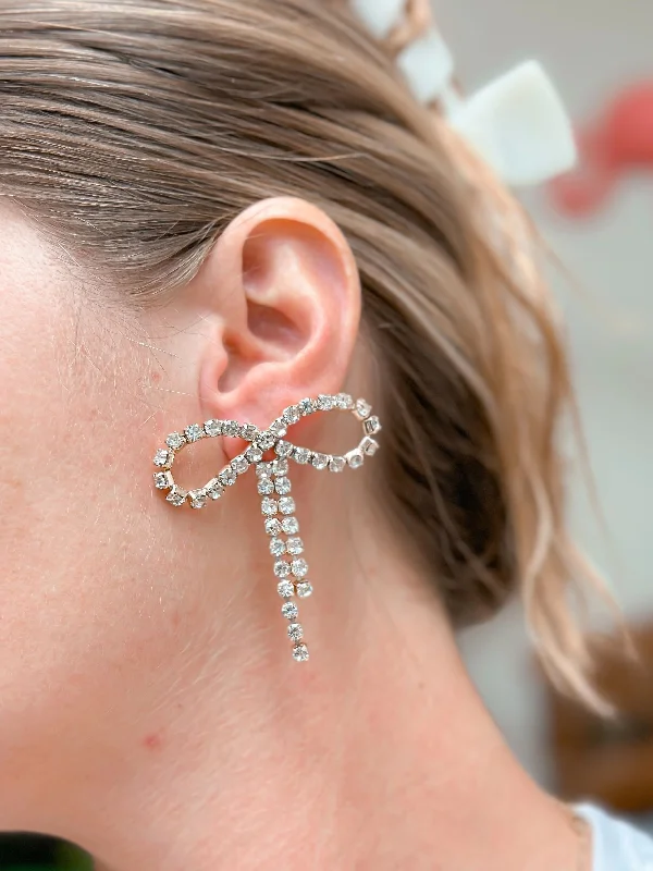 bridal earrings for women-Rhinestone Bow Statement Earrings