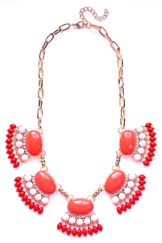 designer pendant necklaces for women-Fan Fringe Statement Necklace- Coral & Pink