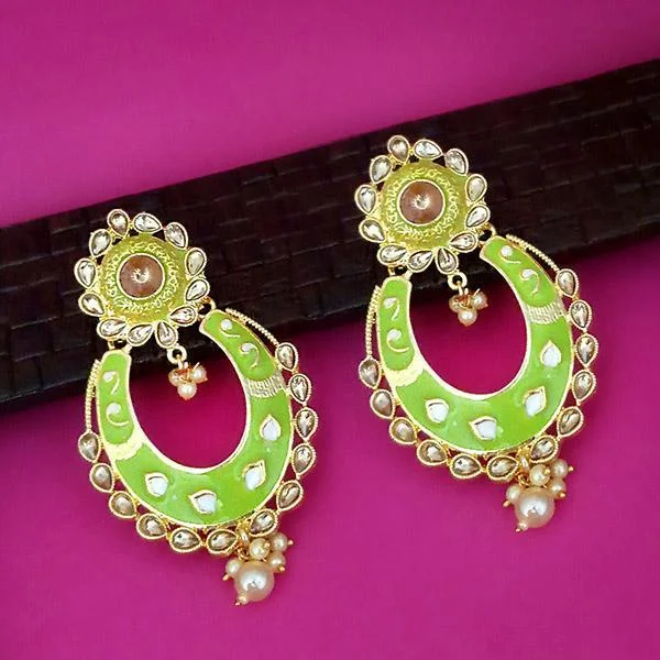 luxury earrings for brides-Kriaa Green Meenakari Gold Plated Kundan Dangler Earrings  - 1316327K