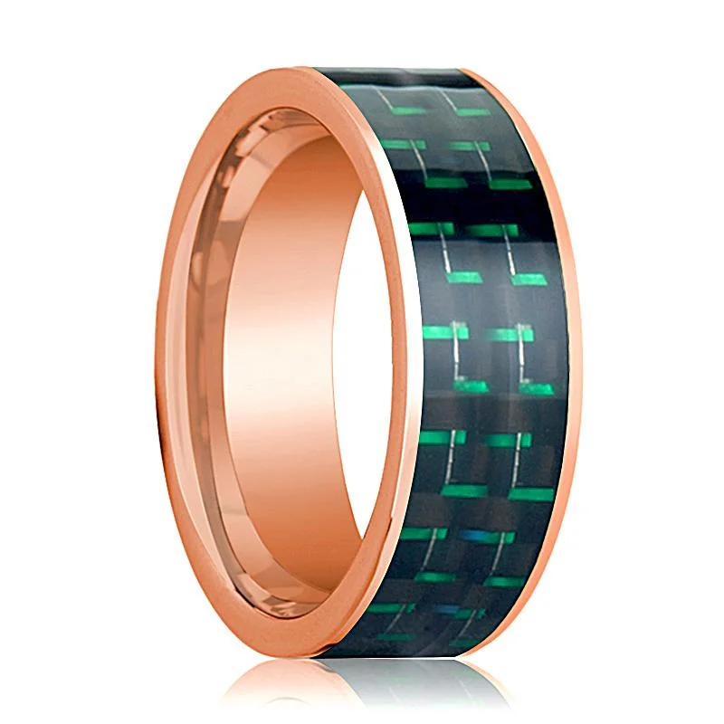 classic rings for engagement-Men's Polished 14k Rose Gold Flat Wedding Band with Black and Green Carbon Fiber Inlay - 8MM