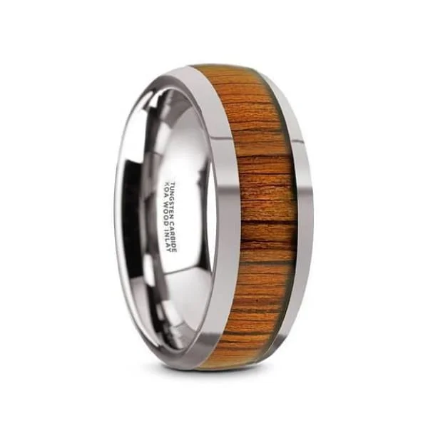 elegant rings for women-Leo Men's Round Tungsten Wedding Ring With Genuine Koa Wood Inlay - 8 mm