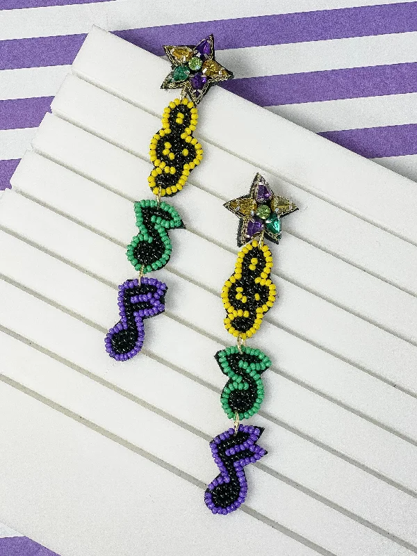 trendy gold earrings for women-Mardi Gras Music Note Trio Beaded Dangle Earrings