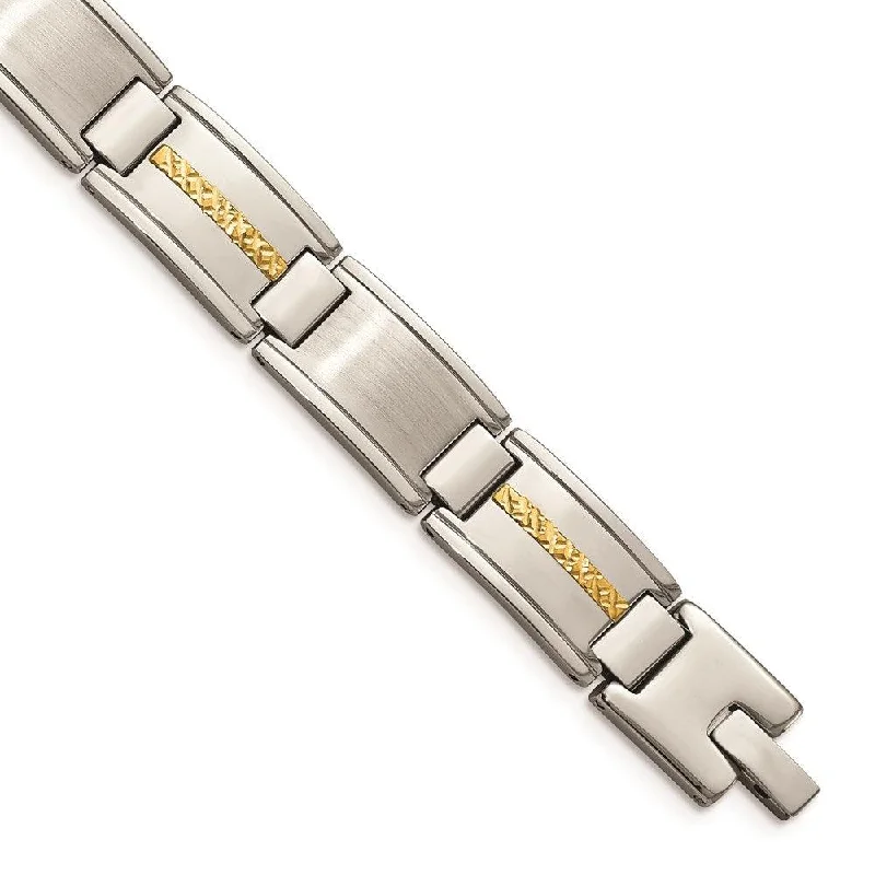 affordable bangles for women-Stainless Steel Polished & Brushed w/14k Gold Link Bracelet