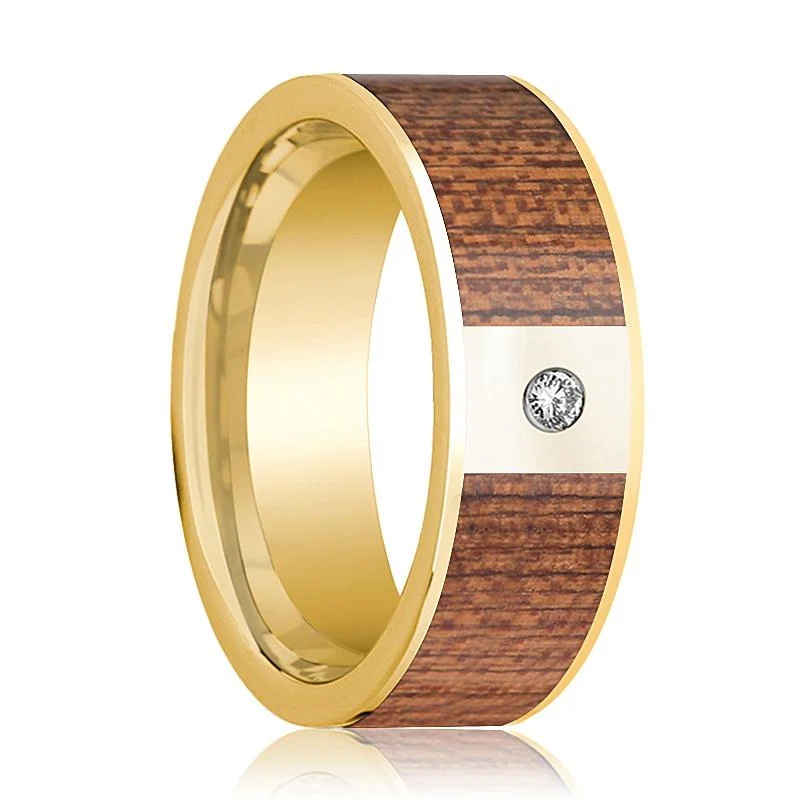 engagement rings with gemstones-Cherry Wood Inlaid Men's 14k Gold Wedding Band with White Diamond in Center - 8MM