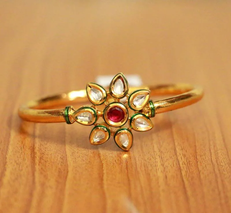 minimalist bangles for women-KUNDAN POLKI RUBY OPENABLE GOLD PLATED BRACELET