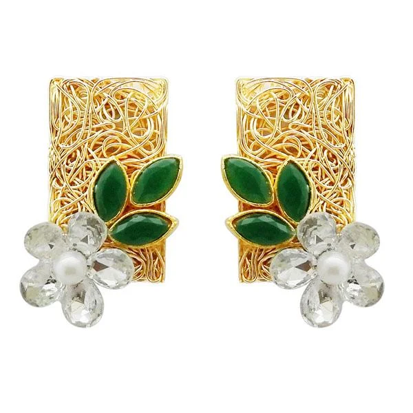 affordable earrings for women-Kriaa Gold Plated Green Resin Stone Floral Dangler Earrings - 1311405H