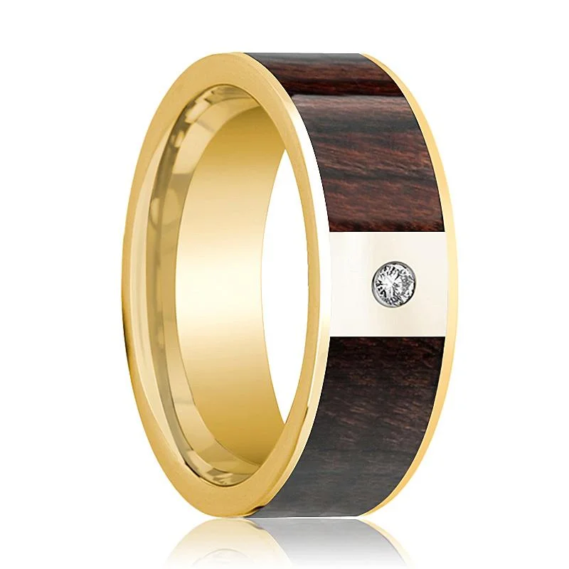 eternity rings for women-Bubinga Wood Inlaid Men's 14k Yellow Gold Wedding Band with White Diamond in Center - 8MM